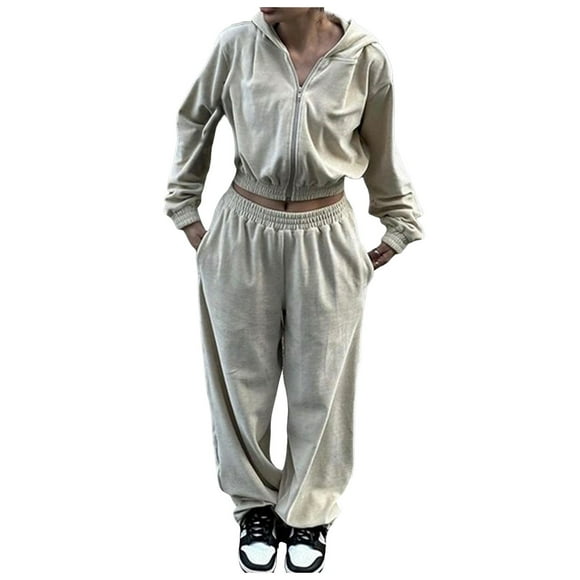 Fgnfyis Women's Street Style Long Sleeved Hooded Cardigan Elastic Trousers 2 Piece Set Women's Trousers Suit Beige L