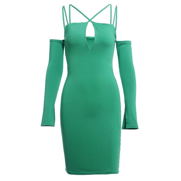 VISgogo Vestido ajustado de manga larga para mujer, correa de espagueti ahuecada Color sólido Cremallera trasera Fiesta de noche Club Boda de una sola pieza VISgogo moda