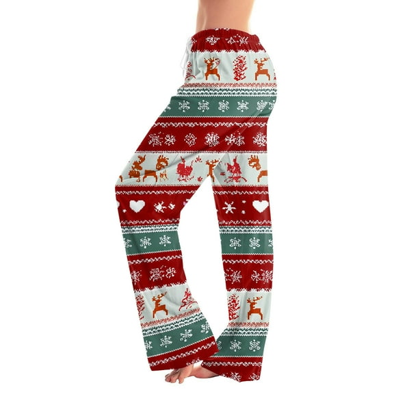 WTOBBY Women's Christmas Print Drawstring Pants, Casual Trousers for Sports and Leisure, Comfortable Long Pants with Holiday Designs, Women's Adjustable Waist for Easy Fit,Deep Red L