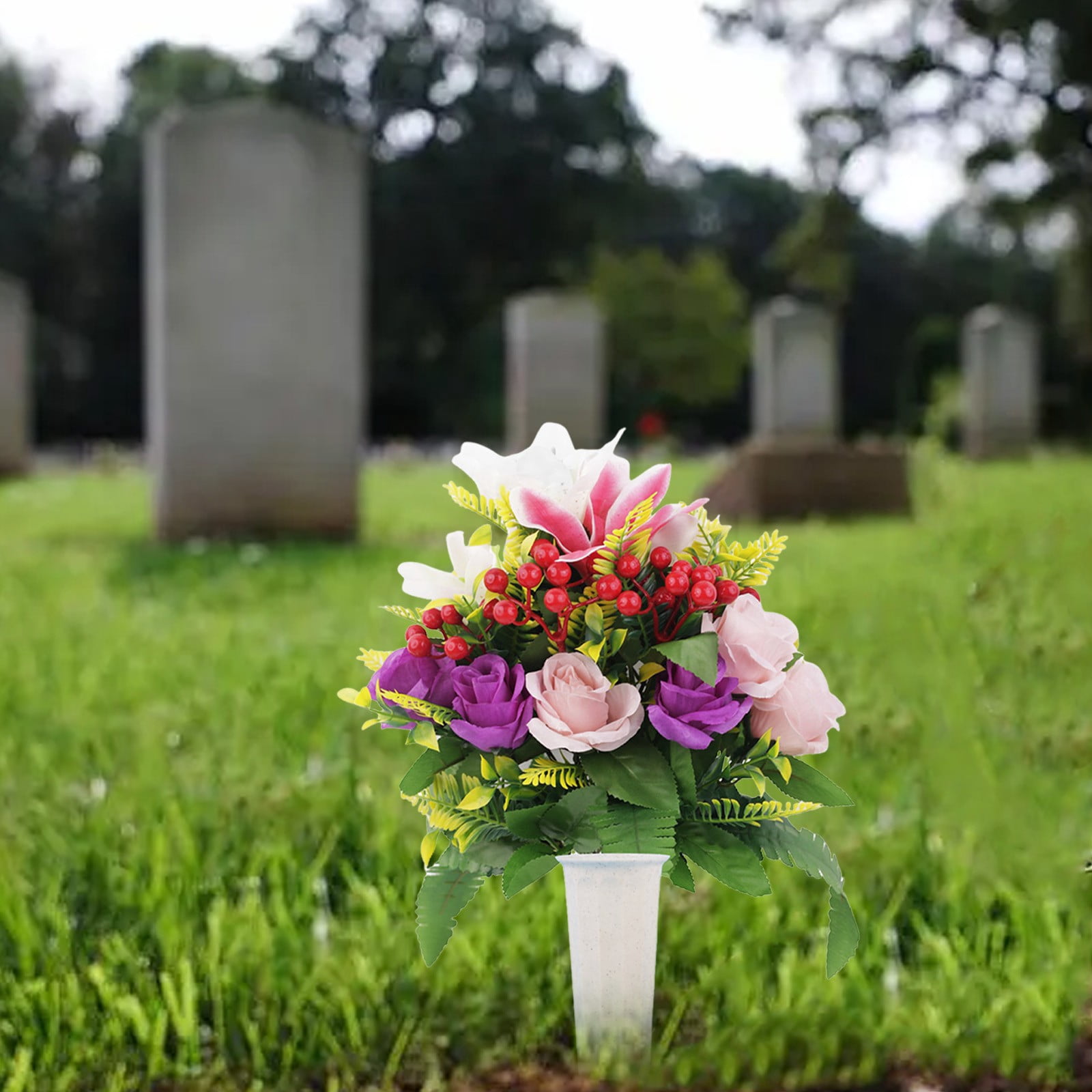 Artificial Cemetery Flowers with Vase,Set of 2 Artificial Rose Lily Bouquet Graveyard Memorial Flowers for Cemetery Headstones Decoration