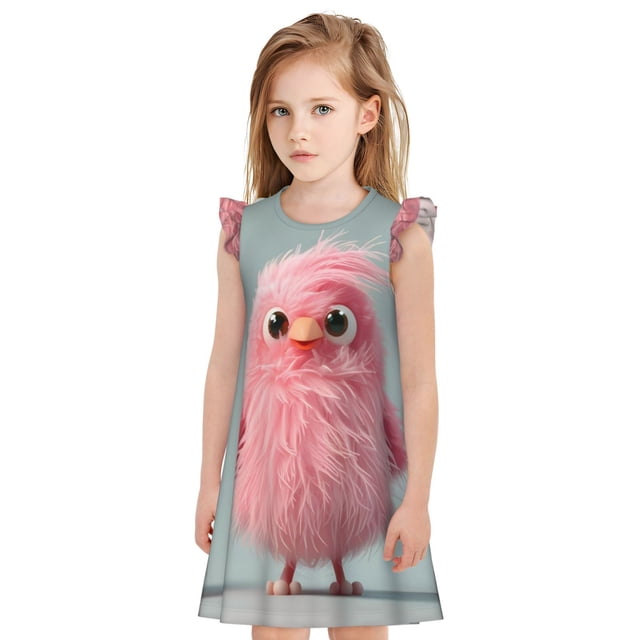 Balery Adorable Pink Fluffy Birds Camisón de princesa para niñas, pijama de algodón con mangas abullonadas, suave y bonito.-Medium
