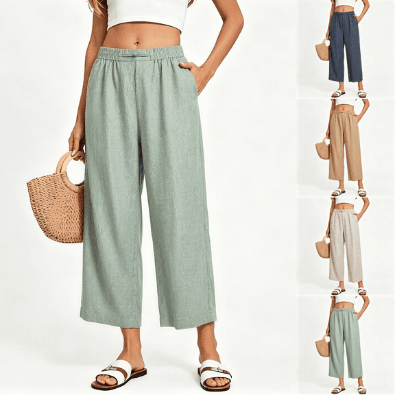 Asgosdo Women Cotton Linen Cropped Pants Elastic High Waist Wide Leg Trousers Casual Summer Loose Culottes S XXXL