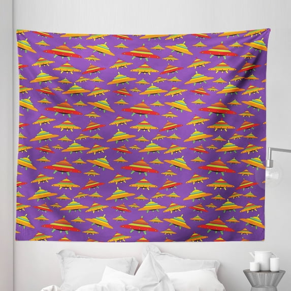 Alien Trippy Tapestry, Continuous Flying Saucers Colorful Abstract Spaceship Cartoon Pattern, Fabric Wall Hanging Decor for Bedroom Living Room Dorm, 5 Sizes, Violet Multicolor, by Ambesonne