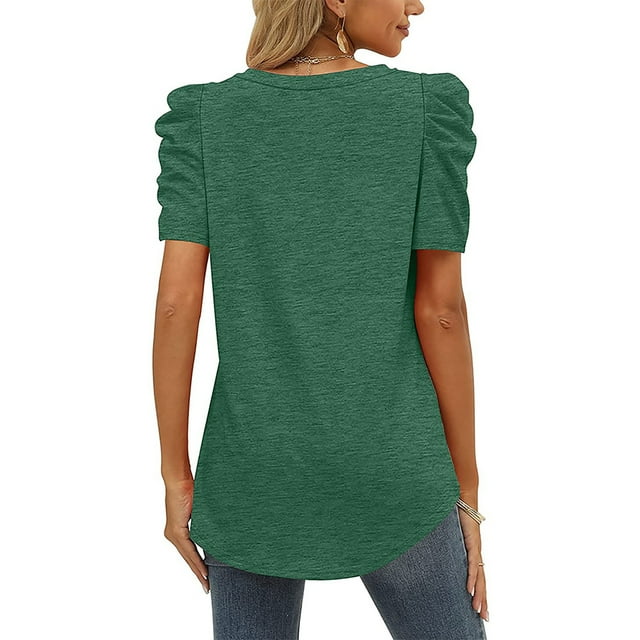 Blusa Para Mujer Top Informal Para Mujer Mujer Camisa Casual Cuello En V Manga Puff Tela Elástica Cómoda Color Sólido Elegante Top Para Verano Oficina En Casa Verde XXL Higoodz Otros
