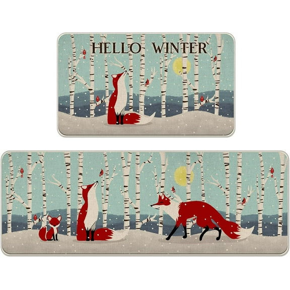 Hello Winter Fox Cardinal Blue Kitchen Rugs Set of 2, Red Birds White Birch Trees Moon Snowy Kitchen Mats Decor, Christmas Holiday Seasonal Floor Door Mat Home Decorations -17x29 and 17x47 Inch