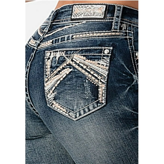 Grace in LA Women's Heavy Embroidered Stitch Pocket Distressed Bootcut Stretch Jeans (25, Blue)