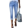 thumbnail image 1 of Pantalones vaqueros capris Sidefeel para mujer, cintura alta, elásticos, ajustados, enrollables, doblados, con puños, de mezclilla Zimbaplatinum, azul claro, talla 18, 1 of 7