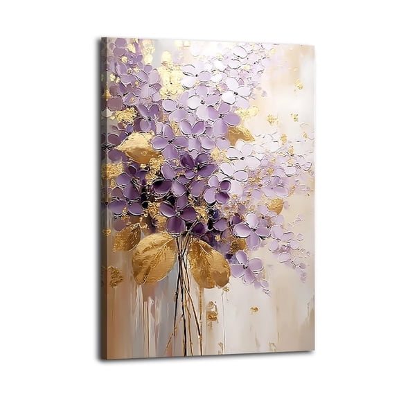 Larbulse Purple Flower Oil Golden Leave Canvas Wall Art Home Decor Poster Vintage Funny Print Picture Abstract Bedroom Living Room Kitchen Posters Decor