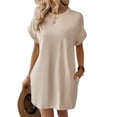 thumbnail image 2 of Women Crew Neck Rolled Short-Sleeve Loose Solid-Color T-Shirt Dress Beige XL, 2 of 6