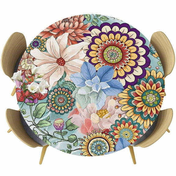 Boho Floral Fitted Tablecloth with Elastic Edged, Round Table Cloth for Dining Table, Bohemia Colorful Mandalas Botanical Flower Waterproof Oil Proof Table Cover for Indoor Outdoor 55"-60"