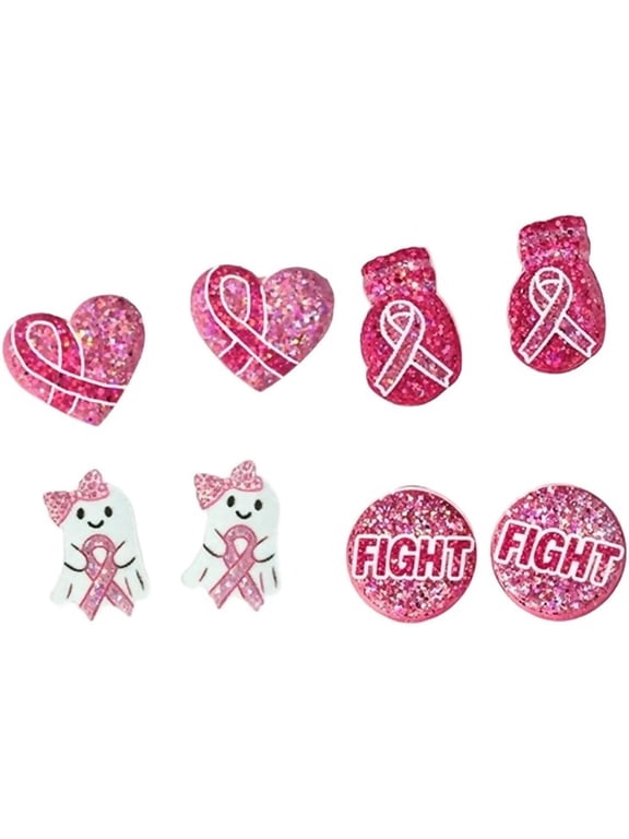 Breast Cancer Awareness Stud Earrings, Pink Ribbon Heart Ghost FIGHT Glitter Stud Earrings Set, Breast Cancer Survivor Support Jewelry Gifts