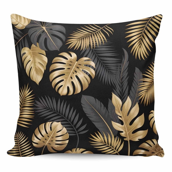 Black Golden Palm Leaf Pillow Covers 16x16 Inch Decorative Throw Pillow Cover, Tropical Plant Modern Luxury Sofa Pillowcases Accent Cushion Case Home Decor Bedroom Living Room