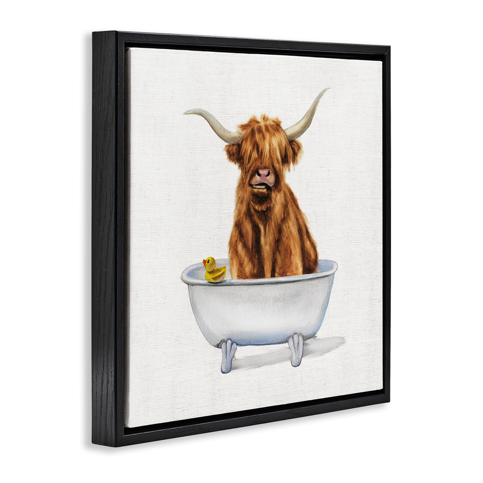 Stupell Industries Shaggy Country Cattle in Tub Animals & Insects Painting Black Floater Framed Canvas Art Print Wall Art, 25 x 25