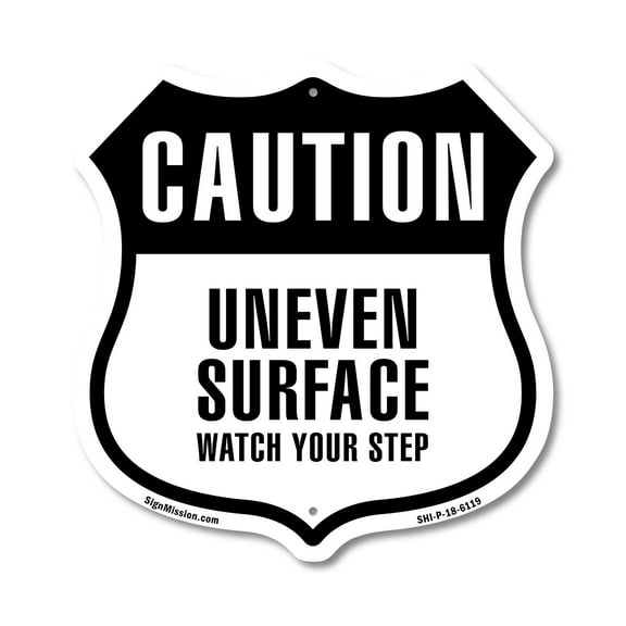 Caution Uneven Surface Watch Your Step 12 inch X 12 inch Shield-Shaped Rust-Free Aluminum Metal Sign Weather Resistant Made in the USA