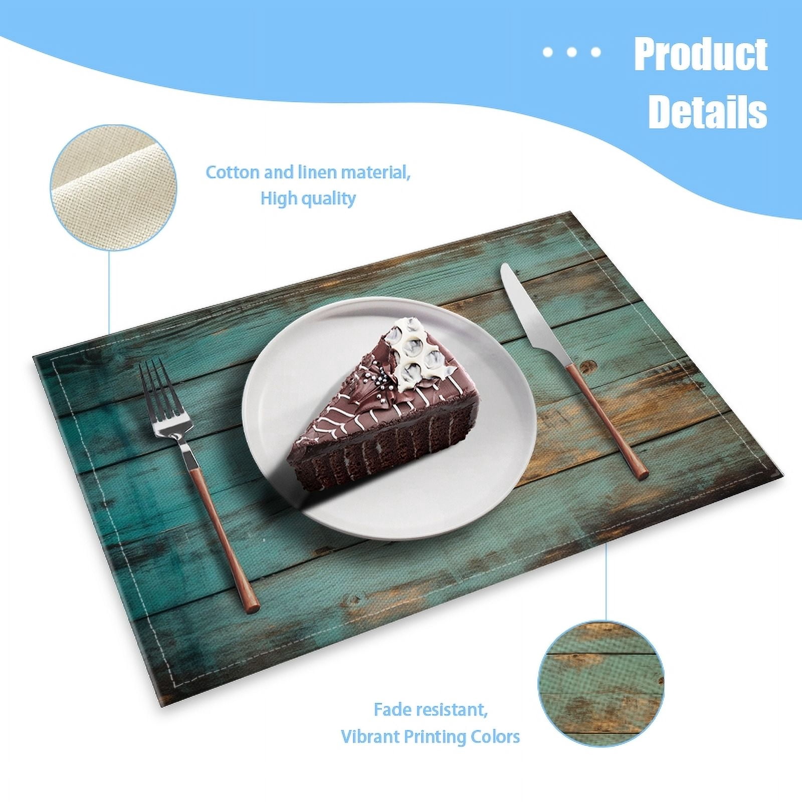 BaHomeck placemats Set of 4 rectangle Linen Cotton Placemats for Dining Table Washable Heat Resistant,18*12inch,Teal And Brown Rustic Wood