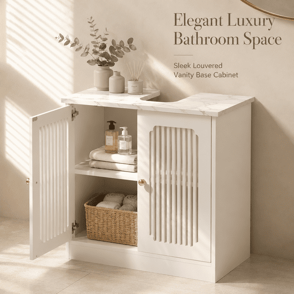 White Bathroom Storage Cabinet, Louvered Double Door Floor Cabinet