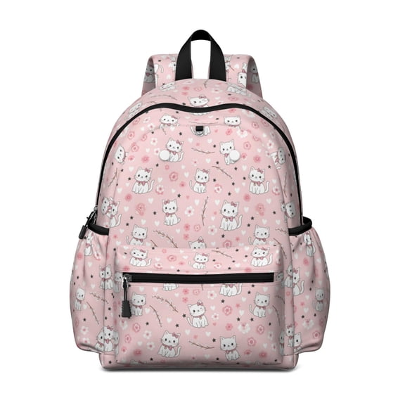 White Cat and Flower Pink Pattern Cute School Backpack with Padded Back and Adjustable Shoulder Straps 13.4"x11"x4.7"