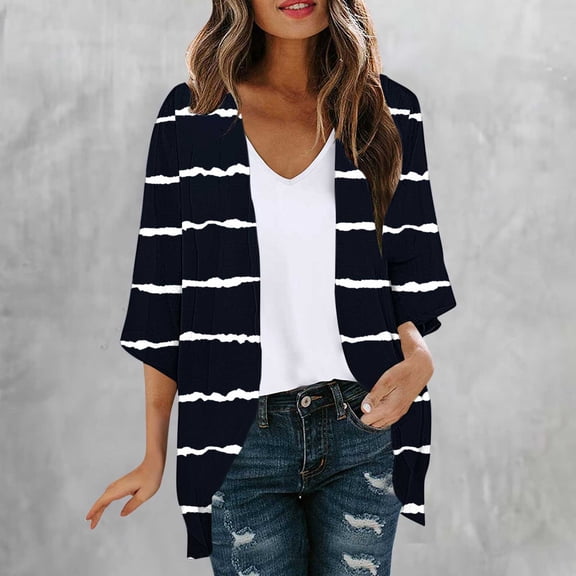 Ailaofu Women's Striped Print 3/4 Sleeve Lightweight Cardigan Casual Versatile Open Front Outerwear