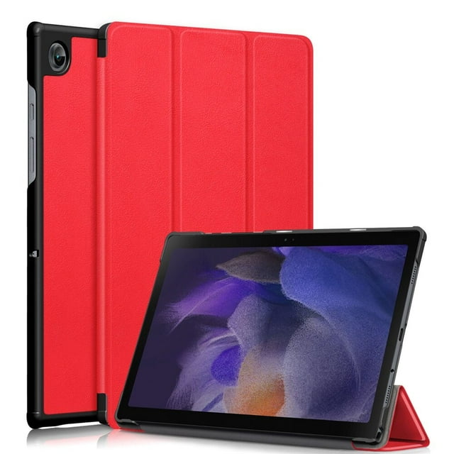 10.5-Inch Protective Cover compatible with Samsung Galaxy Tab A8 2021, shown in red. This lightweight tablet case features a tri-fold stand design, strengthened corners, and microfiber interior for full protection against impacts, drops, and scratches. Includes auto wake/sleep functionality and magnetic closure for secure fit.