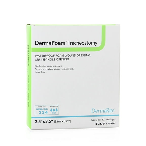 DermaFoam Tracheostomy Foam Dressing, 3-1/2 X 3-1/2 Inch Fenestrated Square Non-Adhesive without Border Sterile, 45330 - Box of 10