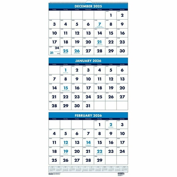 House of Doolittle 3640 14-Month: Dec 2025 to Jan 2027 12.25 in. x 26 in. Vertical Orientation Recycled Three-Month Format Wall Calendar - White Sheets