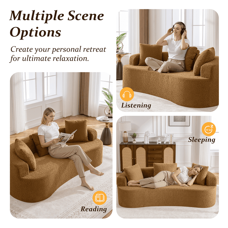 ATHOPE 86" Curved Cloud Couch, Boneless Sofa for Small Space, Plush Teddy Fabric Modern Couch with 3 Throw Pillows, Comfy Floor Love Seat for Living Room, Bedroom, Brown
