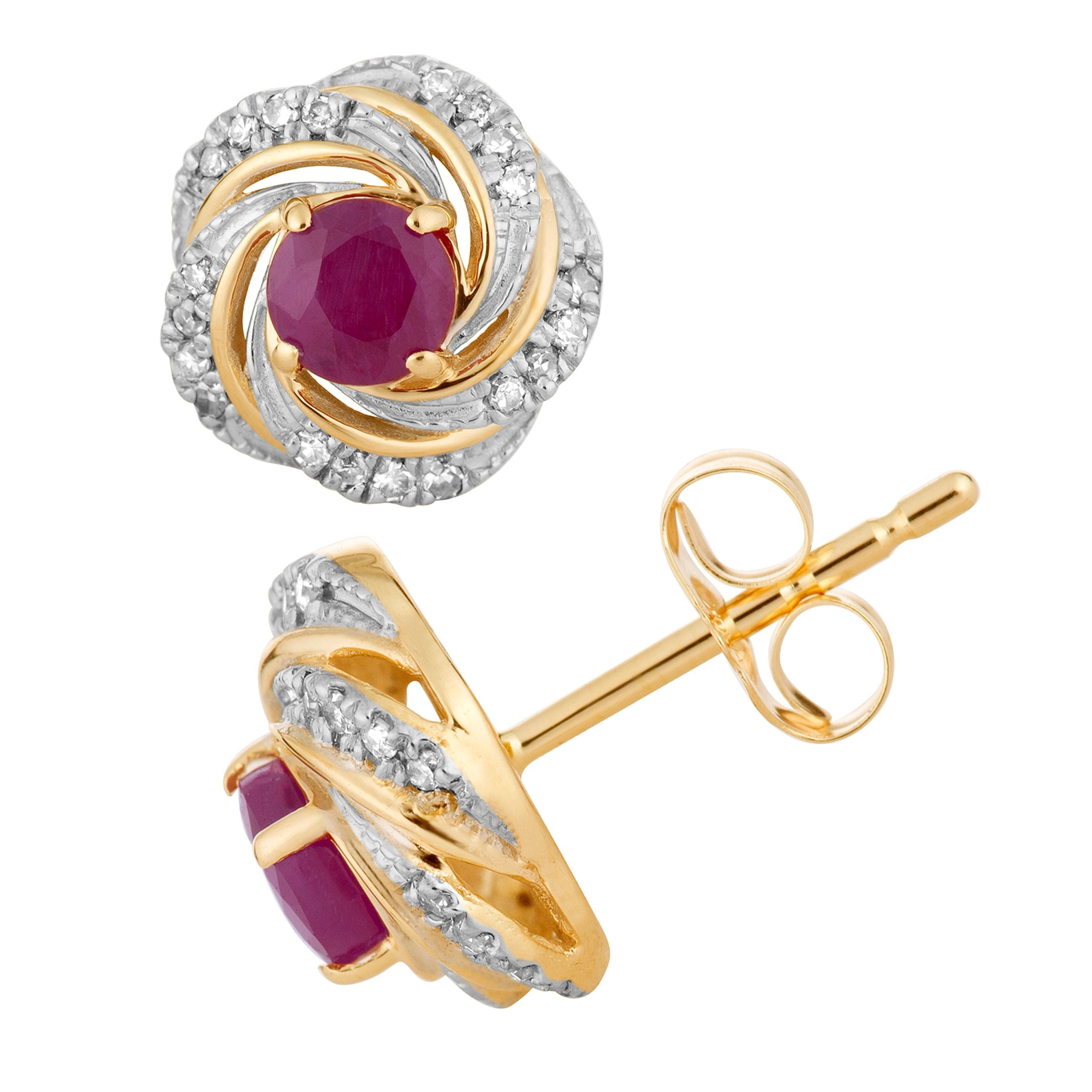 10k Gold Ruby & 1/8 Carat T.W. Diamond Swirl Stud Earrings