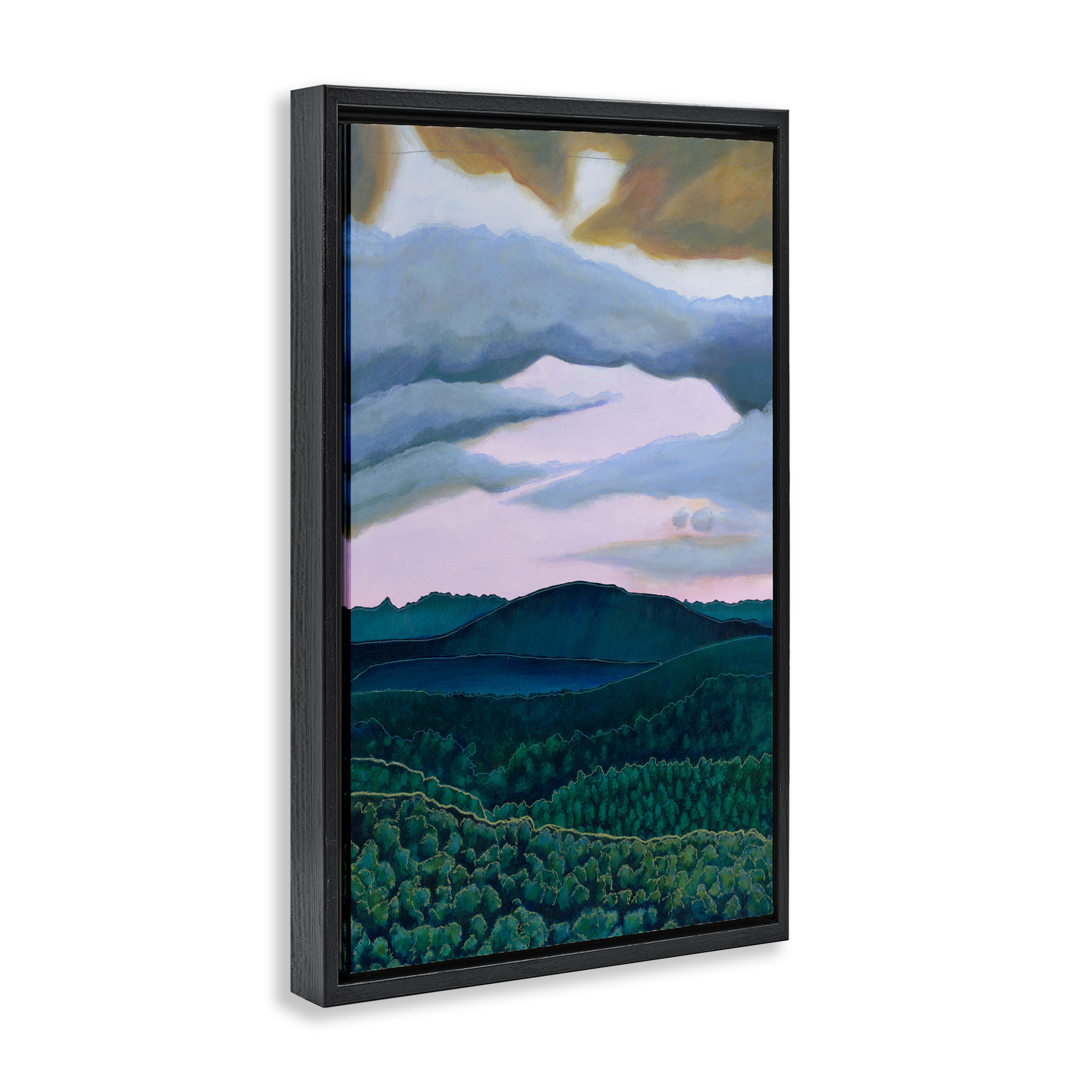 Stupell Industries Mountain Forests From Above Landscape & Nature Painting Black Floater Framed Canvas Art Print Wall Art, 17 x 25