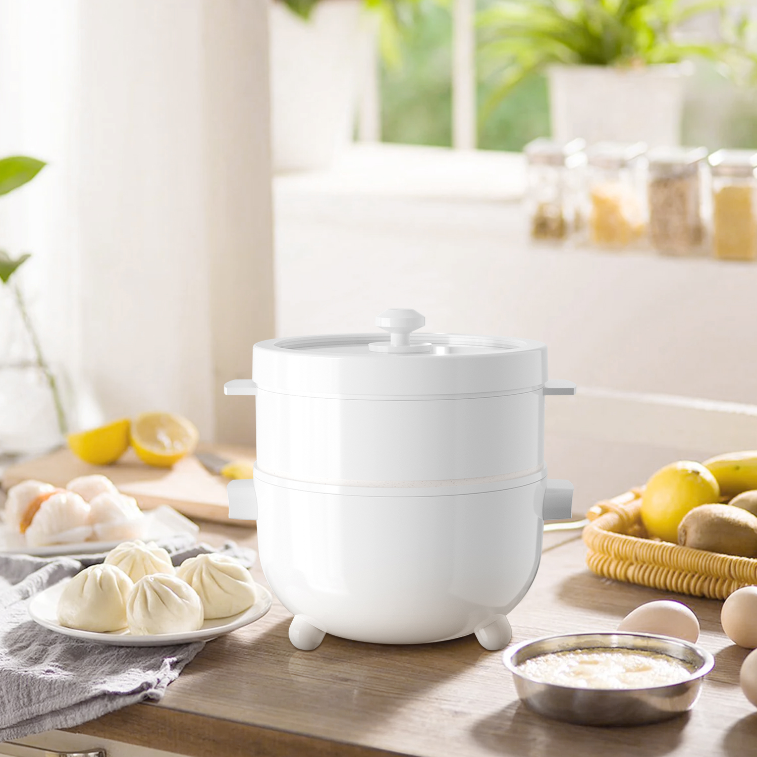 CACHOO  Electric Hot Pot with Steamer, Rapid Noodles Cooker, Ceramic Electric Pot 2 Liter, Ideal for Ramen, Egg, Dumpling, Soup, Oatmeal with Temperature Control and Keep Warm Function, White