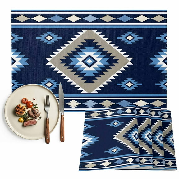 Placemats Set of 4, Blue Tribal Geometric Place Mats Boho Vintage Native Abstract Tablemats Washable Placemat Table Decoration for Kitchen Table Dinner Party Home Decor Indoor Outdoor 13x19 Inch