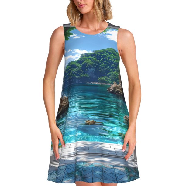 Balery Tropical Paradise Window View Vestidos de verano para mujer con estampado: vestido holgado sin mangas, vestido playero informal y cómodo para días calurosos.