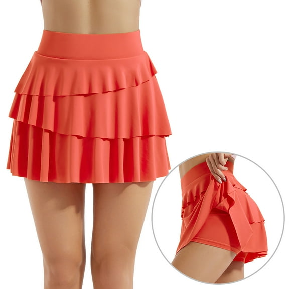 Womens Pleated Mini Skirt High Waist Yoga Skirts with Shorts Pocket Ruffle Tiered Tennis Athletic Golf Skorts Skirt (XL, Orange)