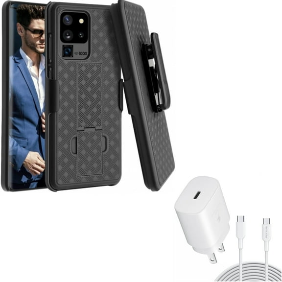 25W Fast Home Charger w Case Belt Clip for Samsung Galaxy S20 Ultra - PD Type-C 10ft USB-C Cable , Holster Swivel Cover