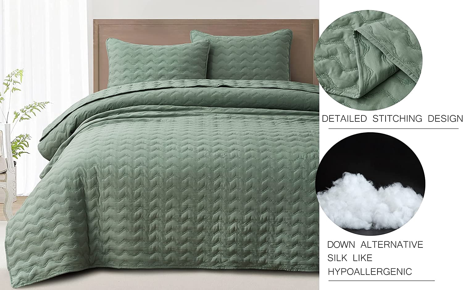 Chezmoi Collection Destiny 3-Piece Sage Queen Size Quilt Set - Stone-Washed Soft Microfiber Lightweight Quilted Bedspread Coverlet Set for All Seasons Wavy Line Stitching