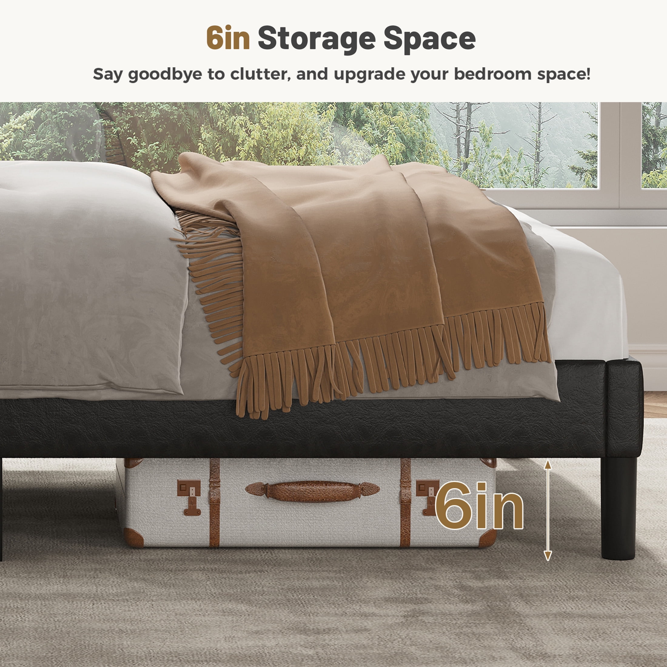 EDX Full Size Upholstered Platform Bed Frame with Padded Wingback Headboard, Modern Accent Bedroom Furniture, Black PU Leather
