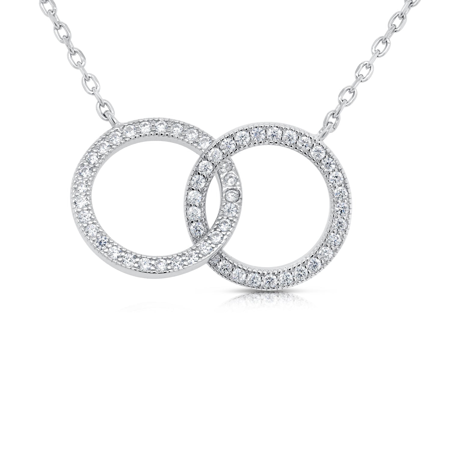 Tilo Jewelry Solid 925 Sterling Silver Pave Interlock Pendant Charm Necklace with Cubic Zirconia CZ Stones for Women & Unisex | Adjustable 16 Inch to 18 Inch Cable Chain
