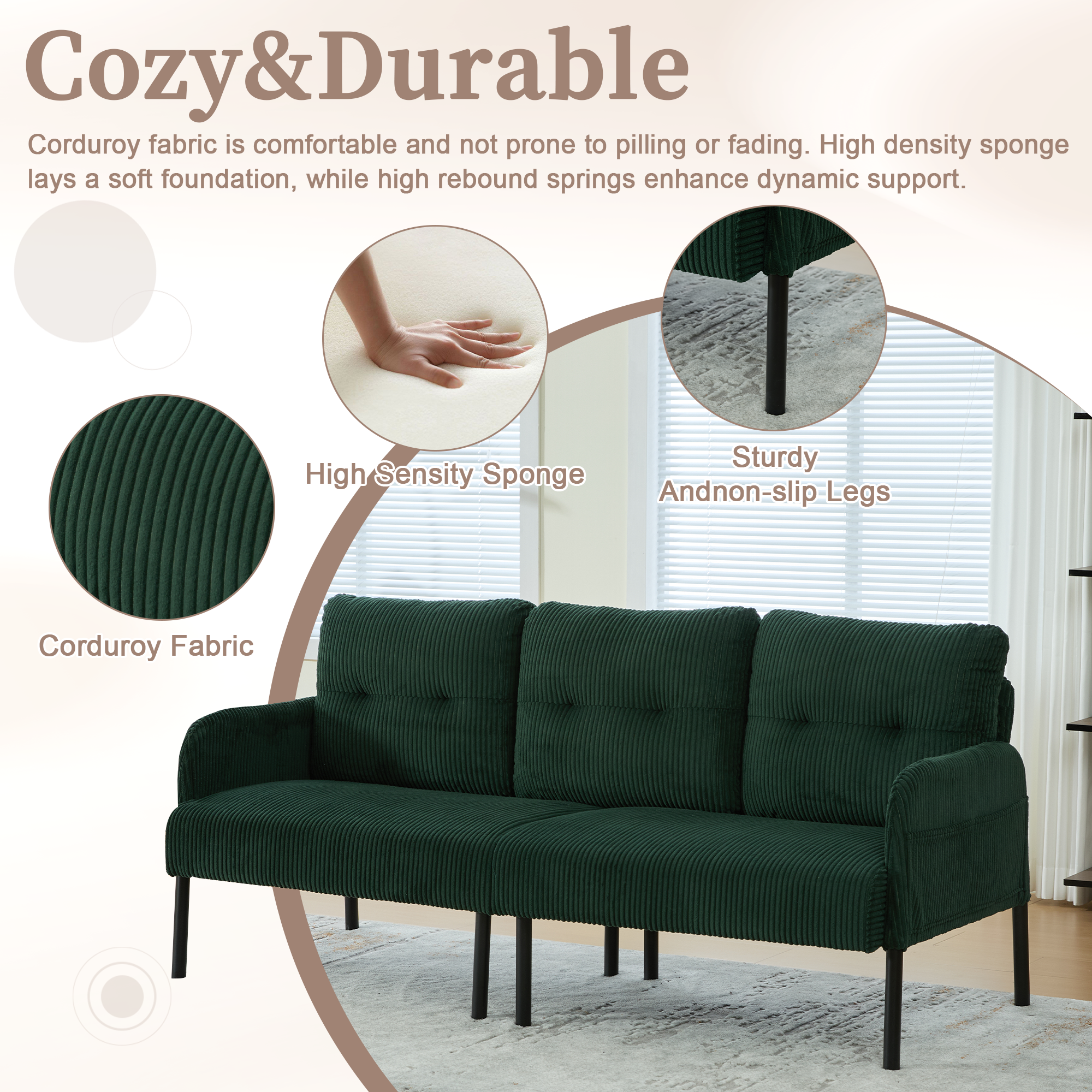Leumius Oversized Loveseat, Modern & Plush Double-seater Sofa, Corduroy Upholstered Couch, Cozy Bedroom Sofa with Metal Legs & Side Pockets for Living Room Bedroom Dorm Apartment Emerald