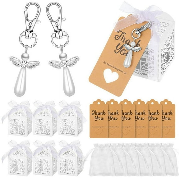 Angel Favor Keychain with Organza Bag & Angel Wing Thank You Tag, Guest Return Gift for Wedding Partys 24pcs,Photo Color