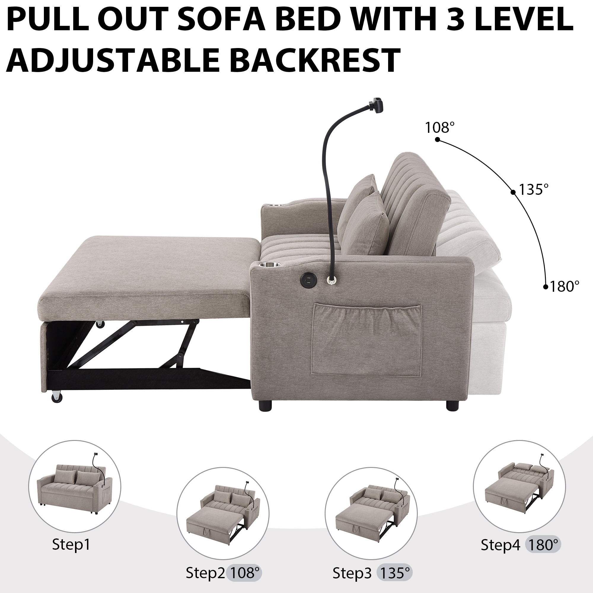 EUROCO 1100LBS Queen Pull Out Sofa Bed, 55.9" Convertible Sleeper Loveseat with 3 USB Ports, 2 Side Pockets,2 Cup Holders and 360°Swivel Phone Holder,Modern Loveseat Sofa for Living Room