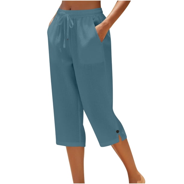 Pantalones de Lino Mujeres Outfits de Vacaciones Casual Elástico de la Cintura Cordón Suelto Recto Tubo Capris para la Playa de Verano