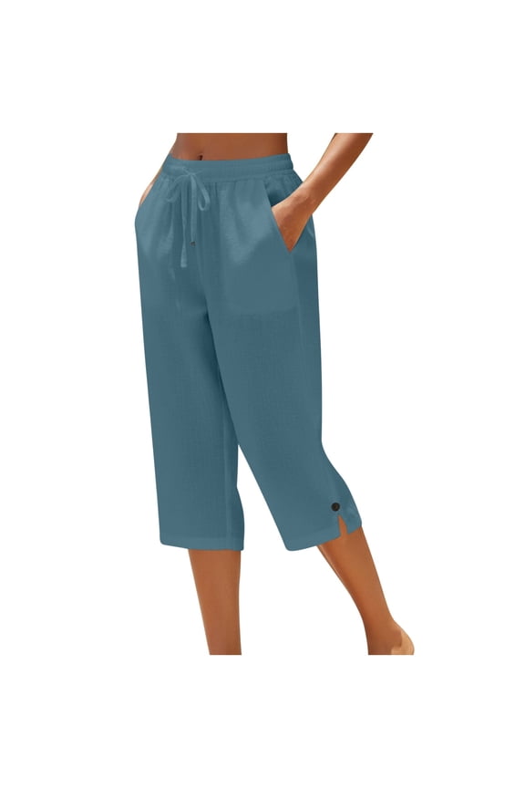 Plus Size Cotton Linen Capris for Women Summer Casual Lightweight Drawstring Elastic Waist Cropped Pant Beach Breathable Capris Trousers with Pockets