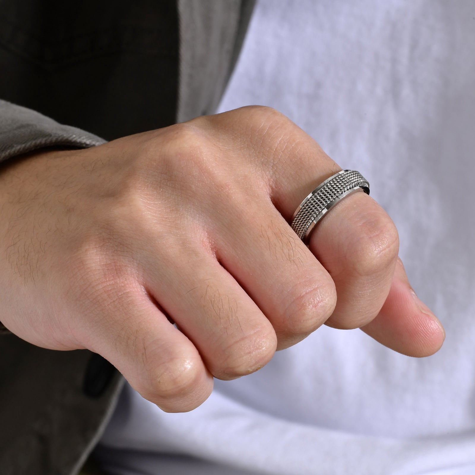 Men's Spinner Fidget Rings for Anxiety, Waterproof 14K White Gold Mesh Wedding Band Rings,Stress Relieveing Gifts Jewelry