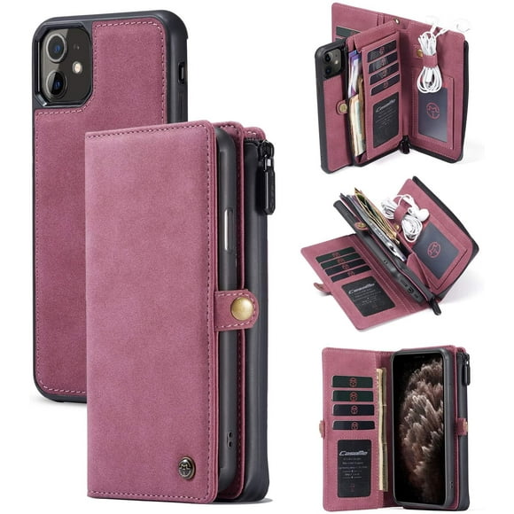Compatible with iPhone 12 Mini Detachable Wallet Leather Case Zipper 10 Credit Card Holder Cash Clip Magnetic Wrist Strap Pocket Purse Flip case for iPhone 12 Mini 5.4 inch Cover (Red)