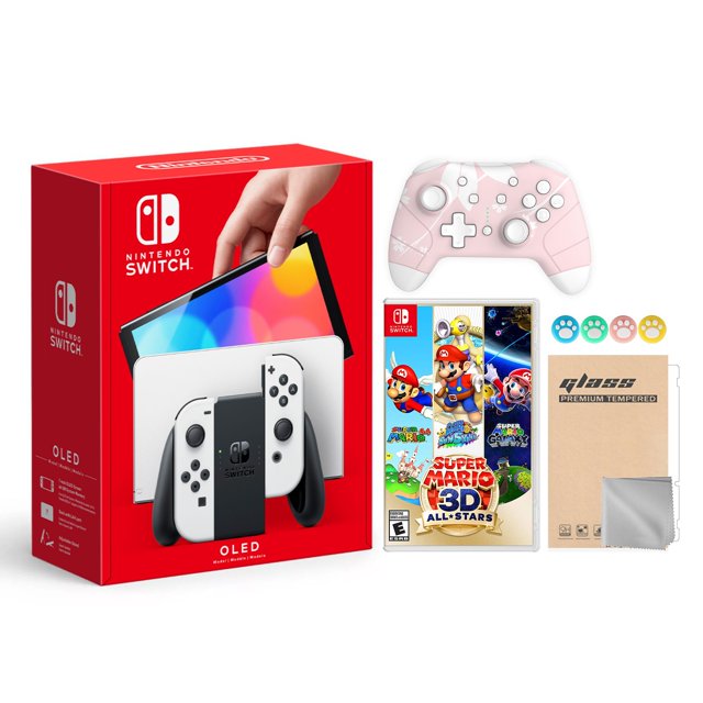 2021 New Nintendo Switch OLED Model White Joy Con 64GB Console Improved HD Screen & LAN-Port Dock with Super Mario 3D All-Stars And Mytrix Wireless Switch Pro Controller and Accessories