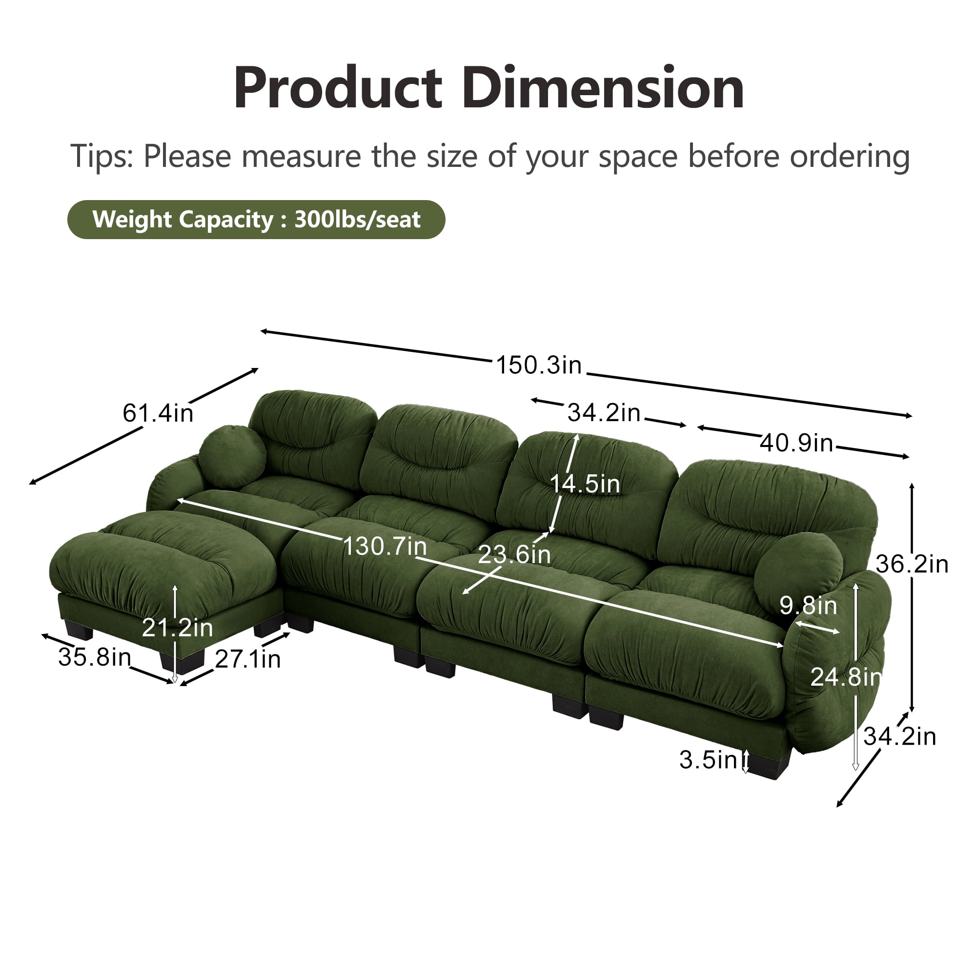 150" 4 Seater Sectional Couch Cozy Chenille Modular Sofa with Ottoman and 2 Throw Pillows