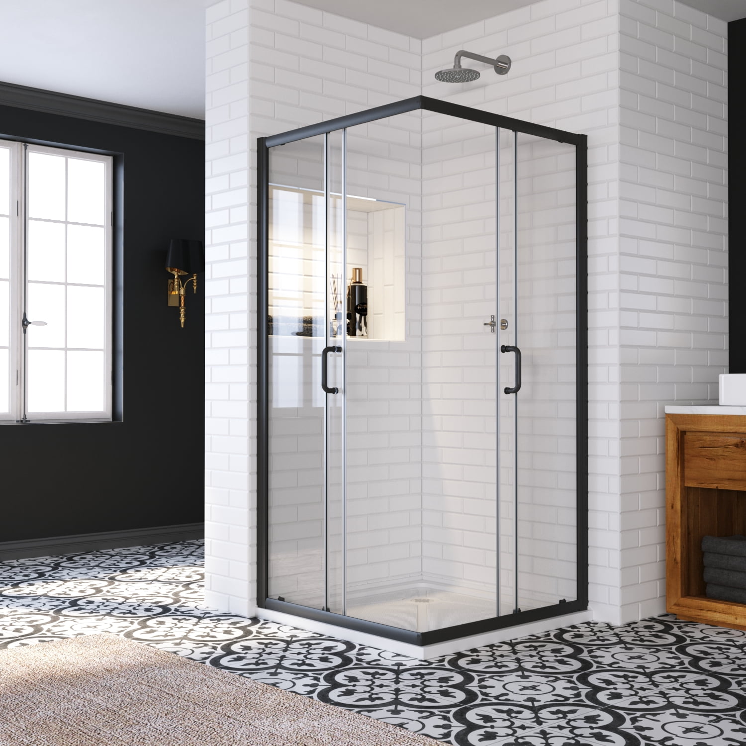 Sunny Shower Corner Entry Sliding Shower Door 36 in.D x 36 in. W x 72 in. H in Black Shower Enclosure
