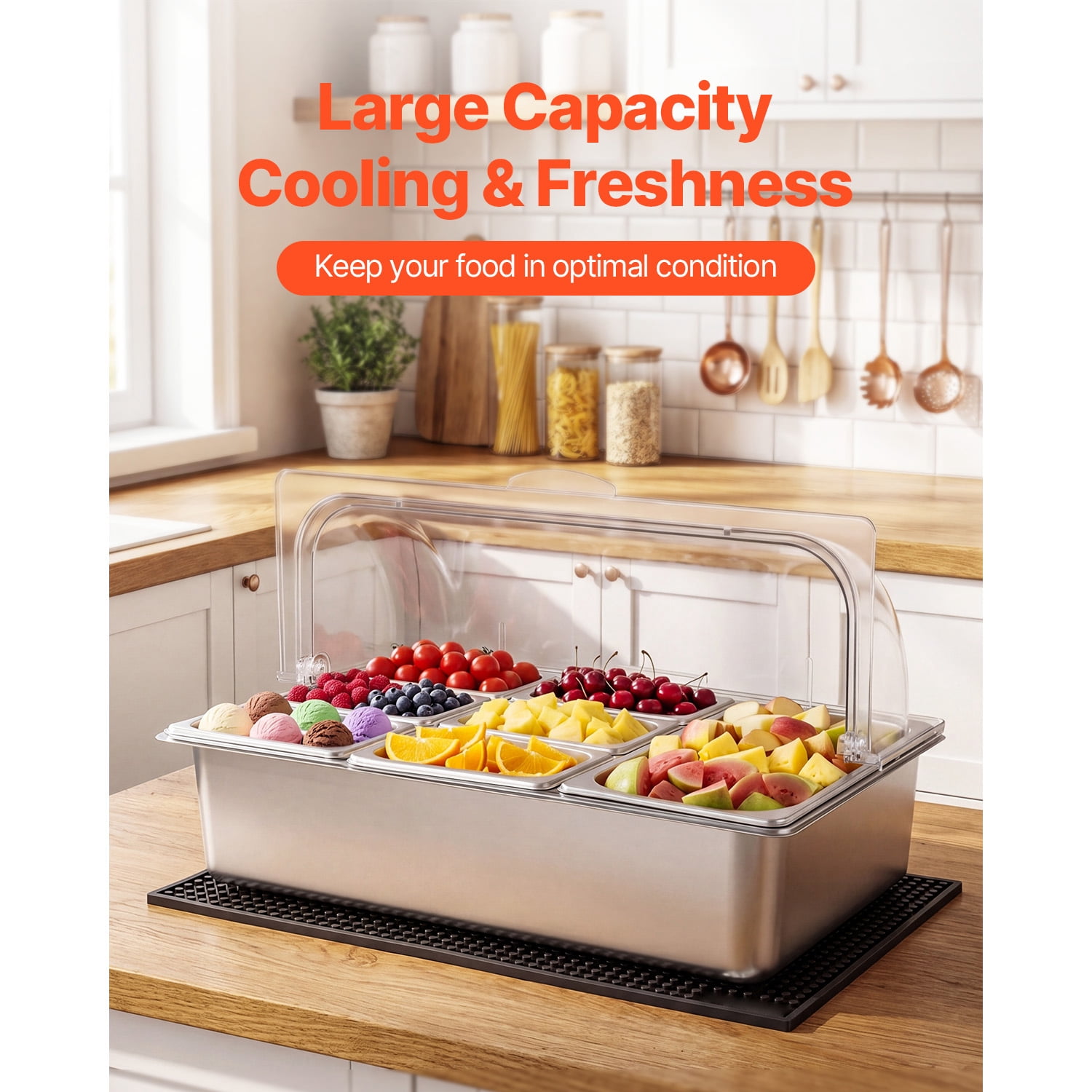 KFFKFF Countertop Food Serving Display Container, Stainless Steel Salad Server Tray, Buffet Condiment Holder, Ice-Cooled Rack with Clear Roll-Top Lid, Suitable for Restaurants (1x1/3+6x1/9 Pan)