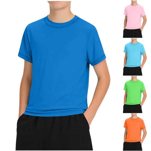 FRSASU Boys Athletic T-Shirts Casual Solid Color Short Sleeve Loose Crew Neck Pullover Workout Tee Tops for 5-15 Years Pink