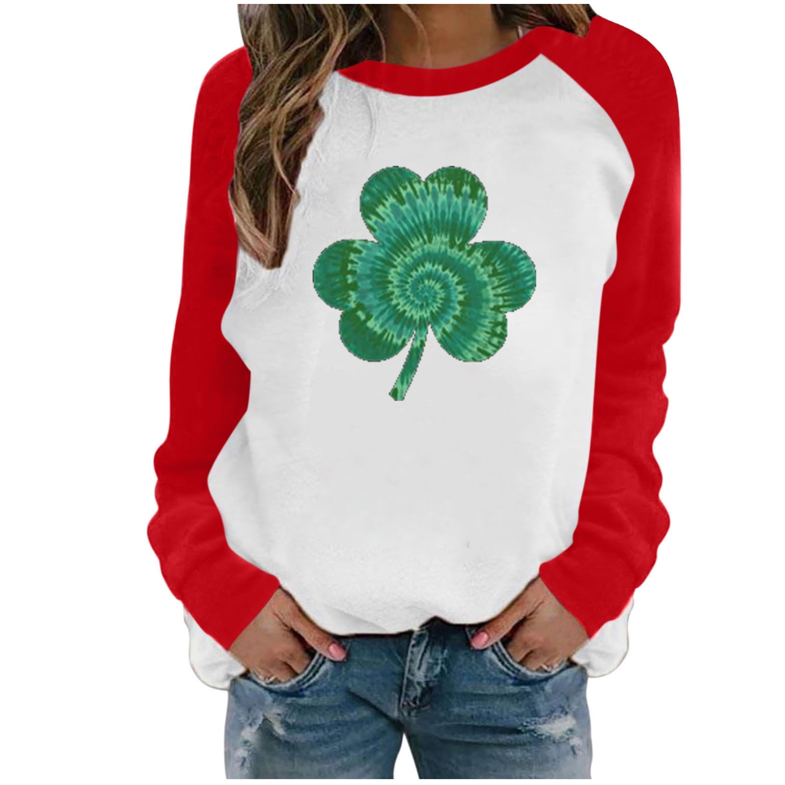BONIXOOM Womens Pajamas Fashion Women's Spring Patchwork St. Patrick's Day Printed Long Sleeves Round Neck Casual Tee Tops Workout Tops For Women Red S
