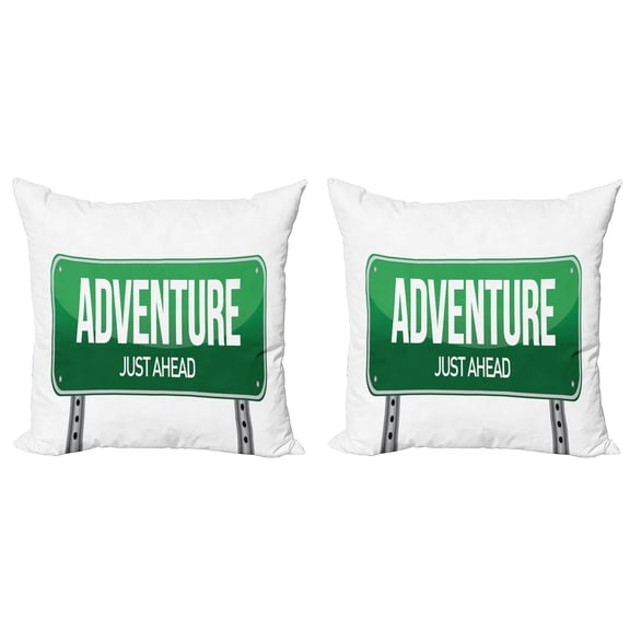 Ambesonne Adventure Throw Pillow Cover 2 Pack, Signboard Travel Highway, 18", White Hunter Green